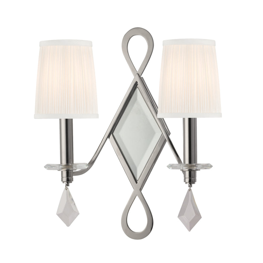 Hudson Valley Cambria 702-PN polished-nickel wall sconce with diamond mirror and pleated shades