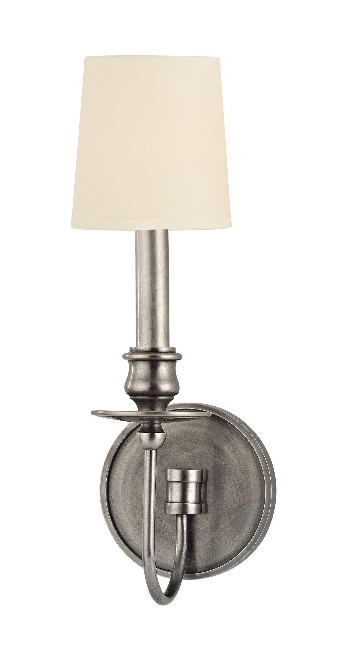Hudson Valley Cohasset 8211-AS aged-silver wall sconce with cream shade and curved arm