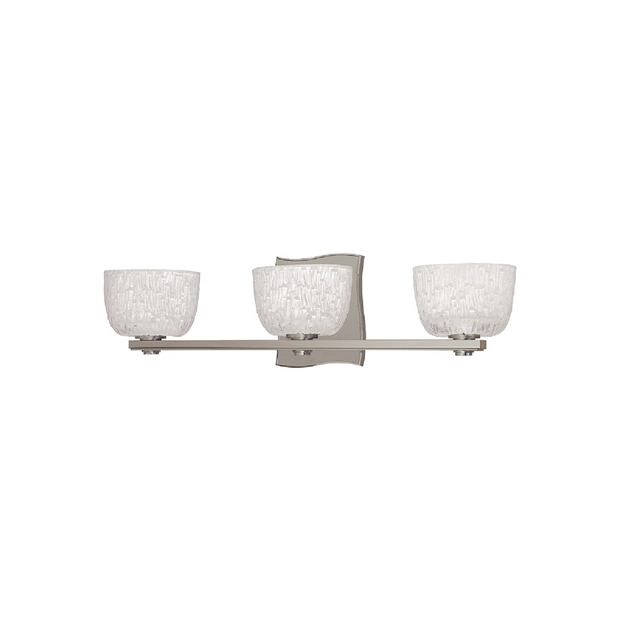 Alternate front view of the Cove Neck vanity with three rippled glass cups and a subdued metal bar