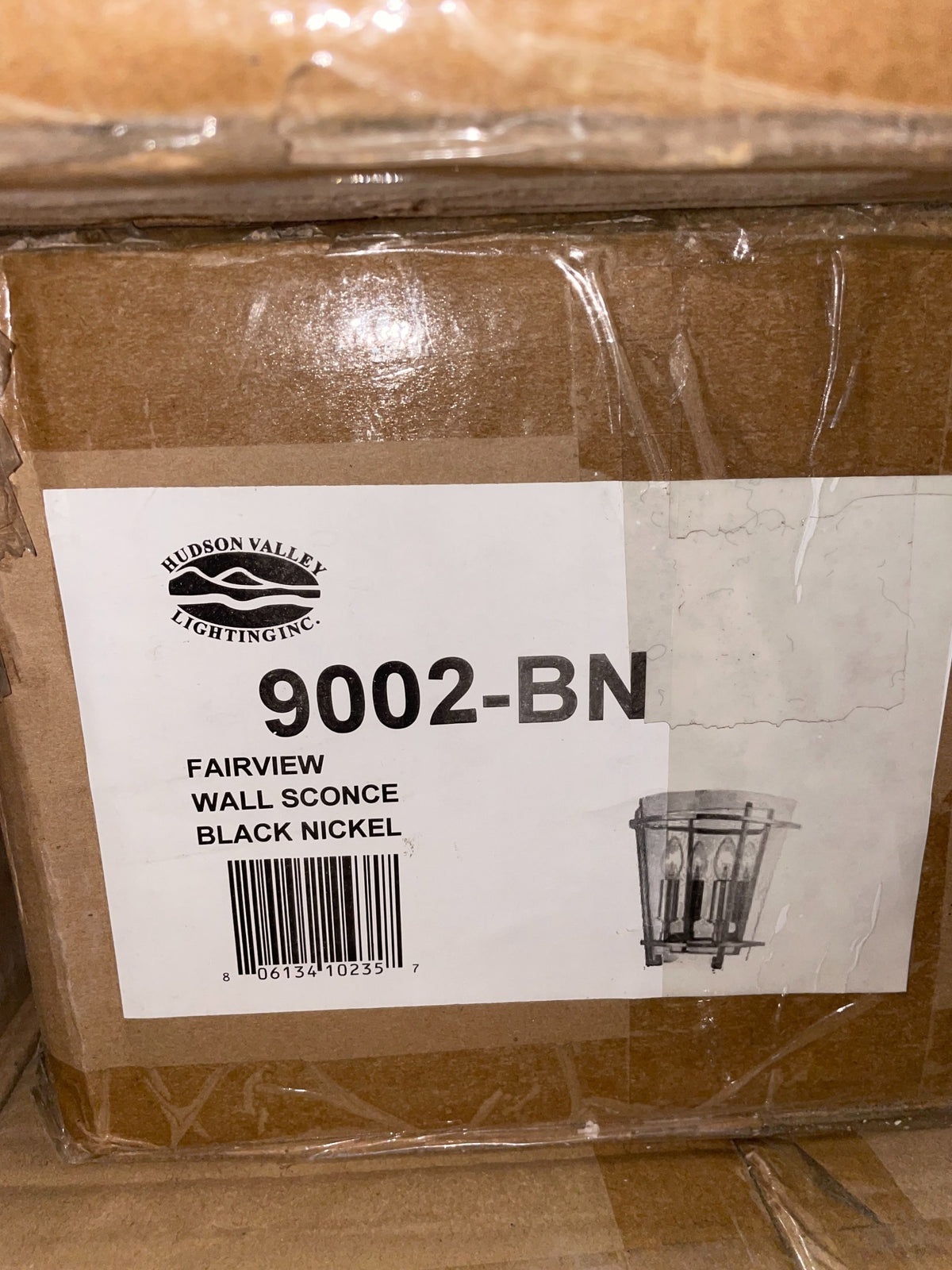 User-supplied Hudson Valley Fairview 9002-BN carton label showing Black Nickel finish and UPC 806134102357