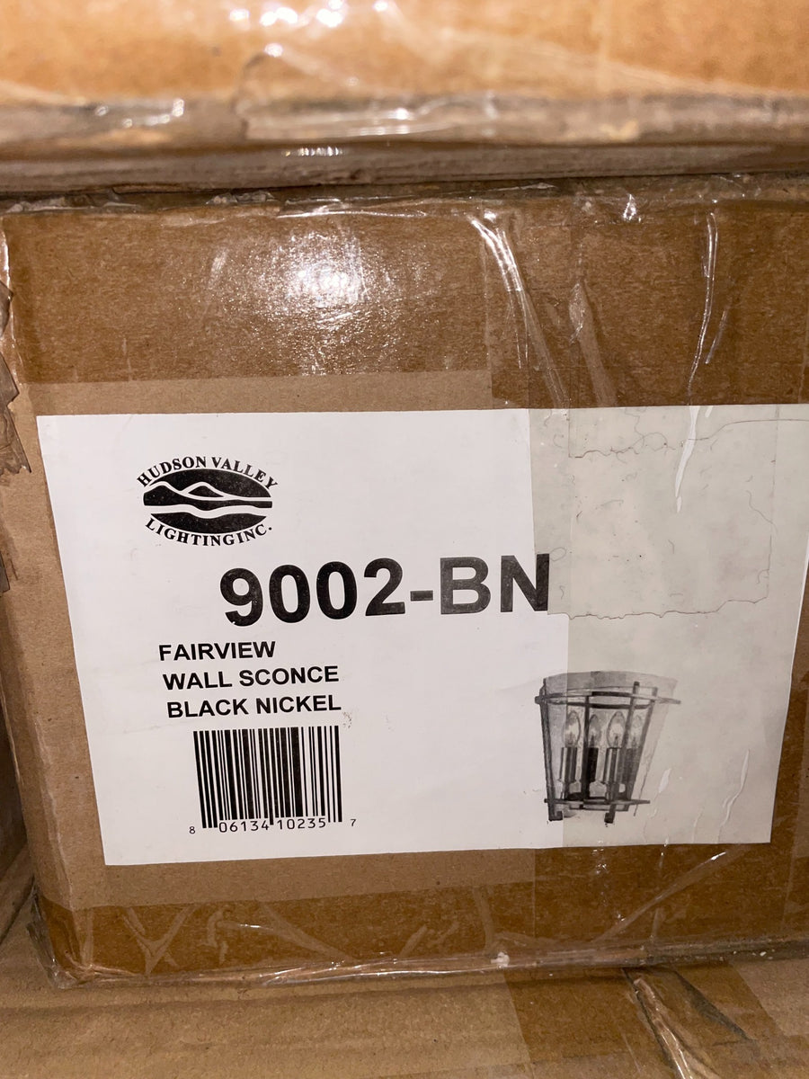 User-supplied Hudson Valley Fairview 9002-BN carton label showing Black Nickel finish and UPC 806134102357