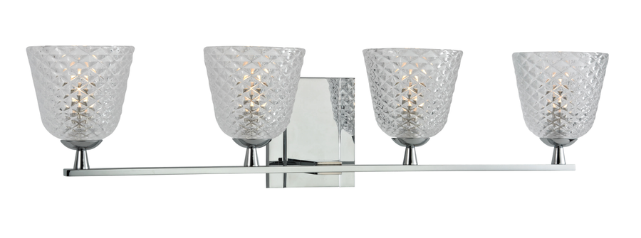 Hudson Valley Grafton chrome vanity light with four diamond-pattern glass cups and a straight bar.