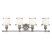 Hudson Valley Milton 2004-PN vanity light with four white shades, fluted holders and an ornate round nickel plate