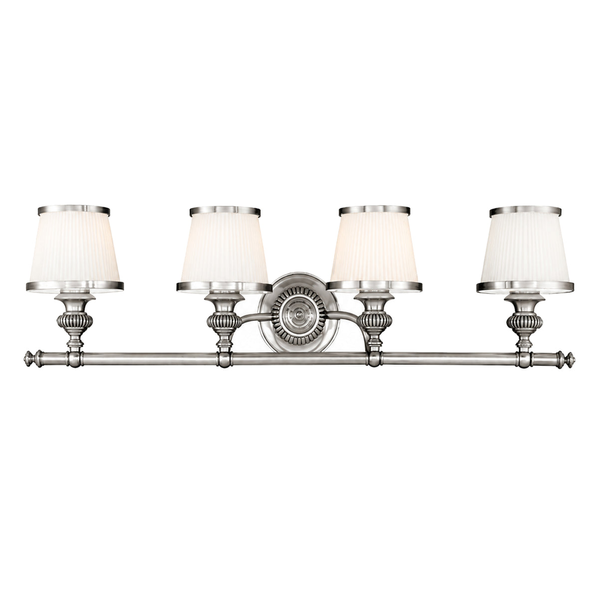 Hudson Valley Milton 2004-PN vanity light with four white shades, fluted holders and an ornate round nickel plate