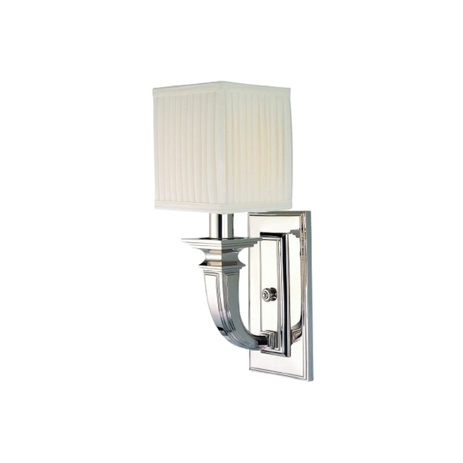 Phoenicia 541-PN sconce showing its pleated shade, stepped cup and layered rectangular backplate