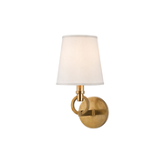 Hudson Valley Malibu brass wall sconce with a ring arm and tapered white shade