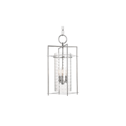 Hudson Valley Esopus pendant with a patterned clear cylinder, three candle-style lamps and Polished Nickel framing