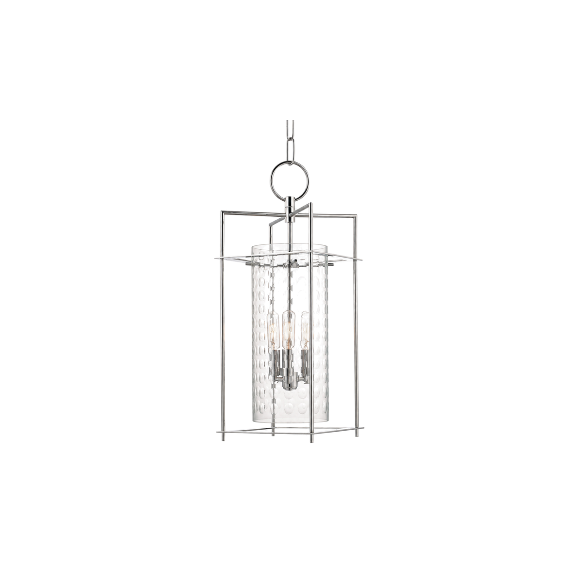 Hudson Valley Esopus pendant with a patterned clear cylinder, three candle-style lamps and Polished Nickel framing