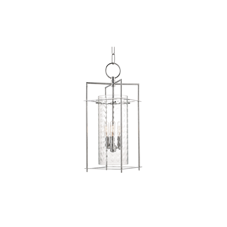 Hudson Valley Esopus pendant with a patterned clear cylinder, three candle-style lamps and Polished Nickel framing