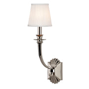 Hudson Valley Alden 961-PN wall sconce with a white tapered shade, curved arm and fluted nickel backplate