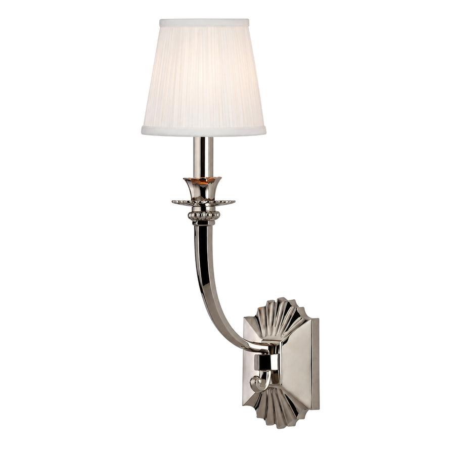 Hudson Valley Alden 961-PN wall sconce with a white tapered shade, curved arm and fluted nickel backplate
