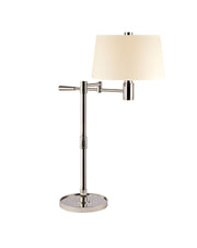 Hudson Valley Lindale polished nickel table lamp with pale tapered shade and counterweighted swing arm.