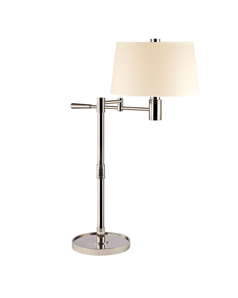 Hudson Valley Lindale polished nickel table lamp with pale tapered shade and counterweighted swing arm.