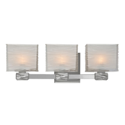 Hudson Valley Hartsdale satin nickel vanity light with three rippled cube-like shades