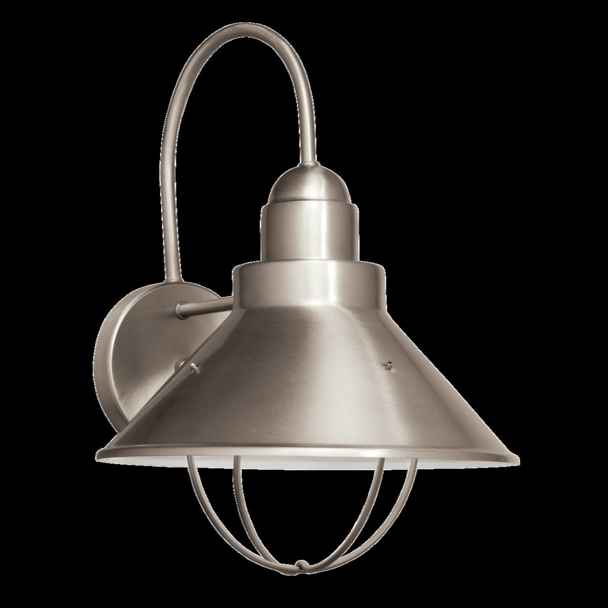 Kichler Seaside brushed-nickel wall light with a gooseneck arm, broad conical shade and open protective cage.