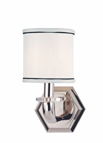 Hudson Valley Rock Hill wall sconce with a pale black-trimmed shade and stepped polished-nickel backplate.