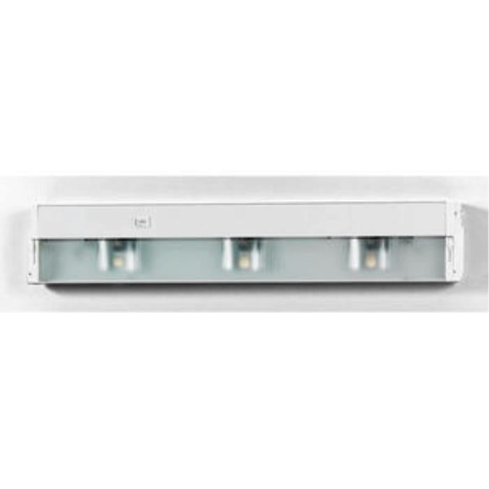 White undercabinet light strip with three glass-covered reflector positions.