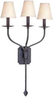 Troy La Brea wall sconce with three tapered cream shades, curved French Iron arms and pointed finial