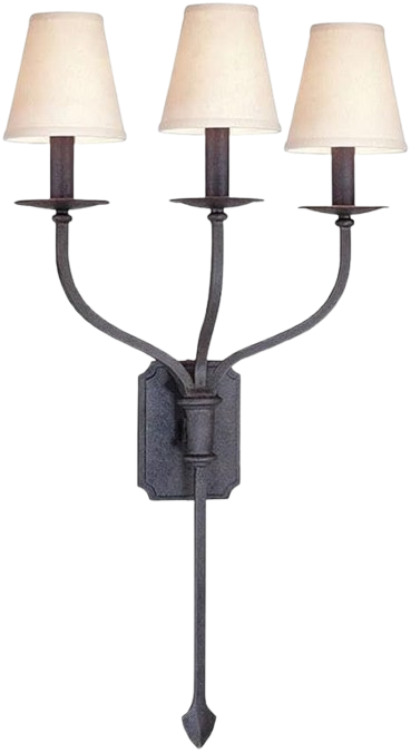 Troy La Brea wall sconce with three tapered cream shades, curved French Iron arms and pointed finial