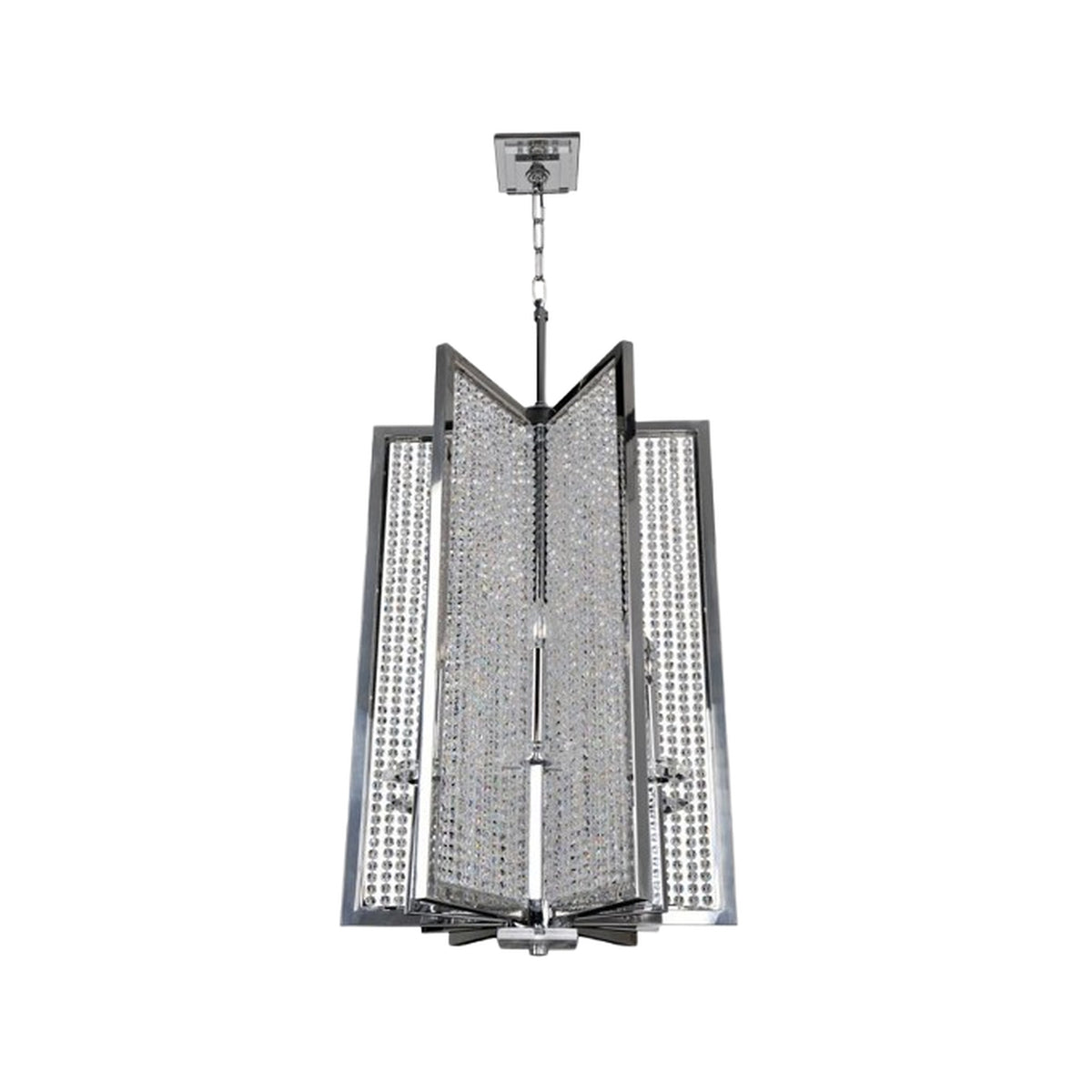 Kalco Rockefeller hanging light showing folded geometric panels of clear crystal strands