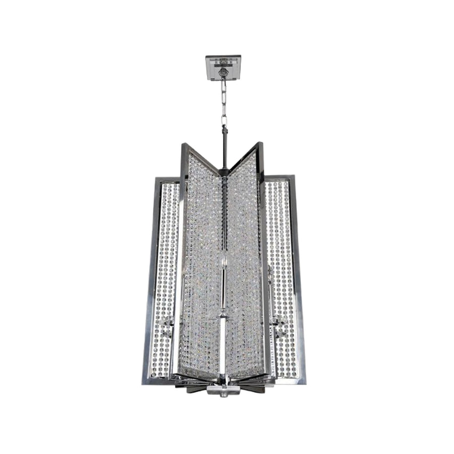 Kalco Rockefeller hanging light showing folded geometric panels of clear crystal strands