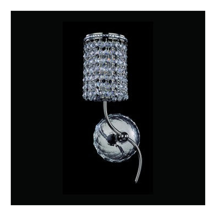 Second view of the Bedetti left-hand sconce showing its clear bead cylinder, S-shaped chrome arm and tapered lower tail