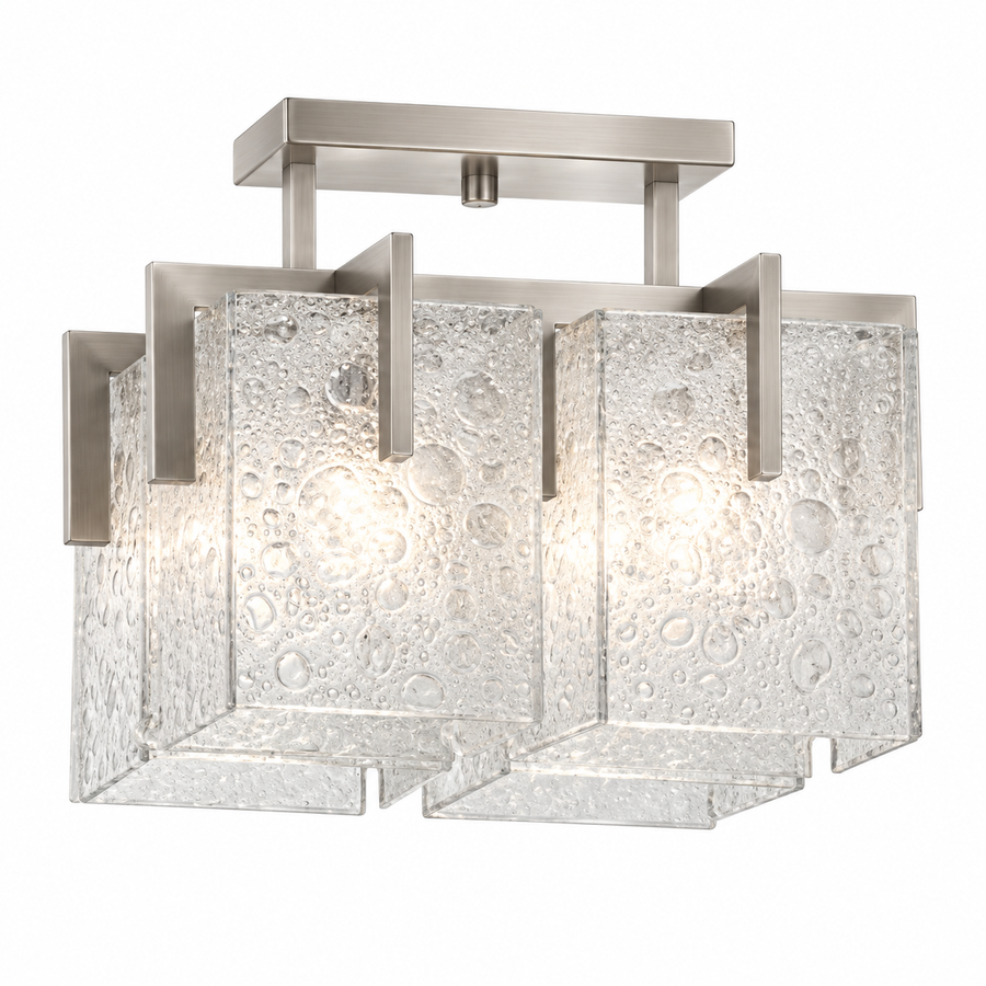 Kalco Stratus 6086SN four-light semi-flush ceiling fixture in Satin Nickel with clear bubble glass