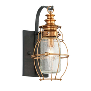 Troy Little Harbor brass outdoor wall lantern with a protective cage