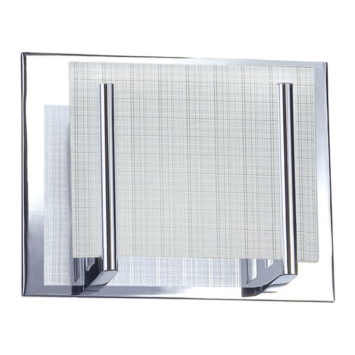 Aurora square wall light showing the linen-like panel texture and chrome rails
