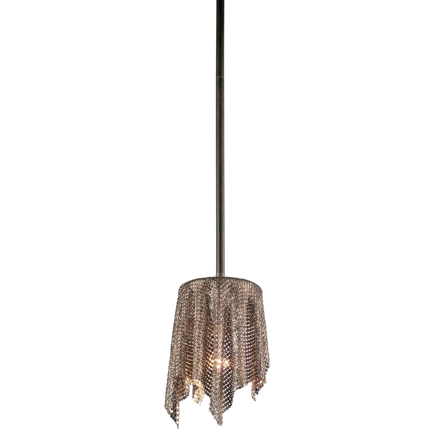 Kichler Olde Bronze mini pendant with draped chain-mail shade and pointed lower edges