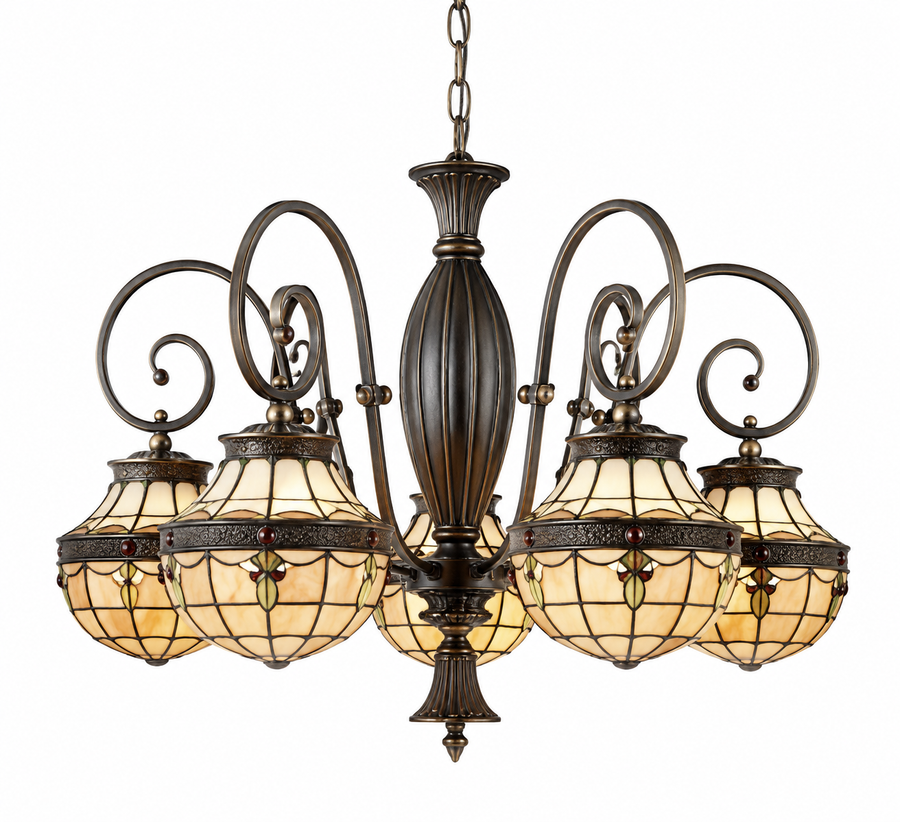 Kichler Trent 66029 chandelier with five patterned stained-glass-style shades and scrolling arms