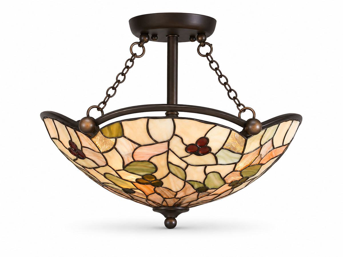 Kichler 69070 ceiling light with a curved floral art-glass bowl, central stem and twin short chain supports.
