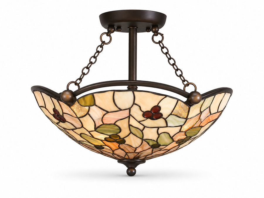 Kichler 69070 ceiling light with a curved floral art-glass bowl, central stem and twin short chain supports.