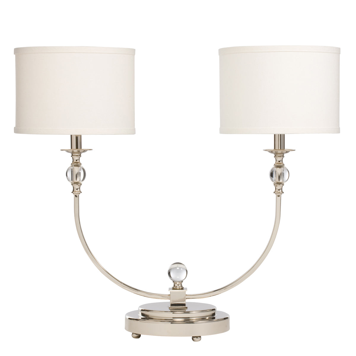 Kichler Andre 70751 lamp with two off-white drum shades, clear spherical accents and a polished nickel twin-arm frame.