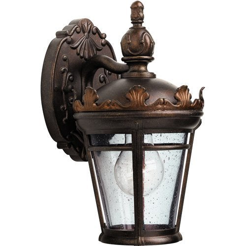 Kichler Standish 9630LZG Legacy Bronze outdoor wall lantern with seeded glass and ornamental roof trim