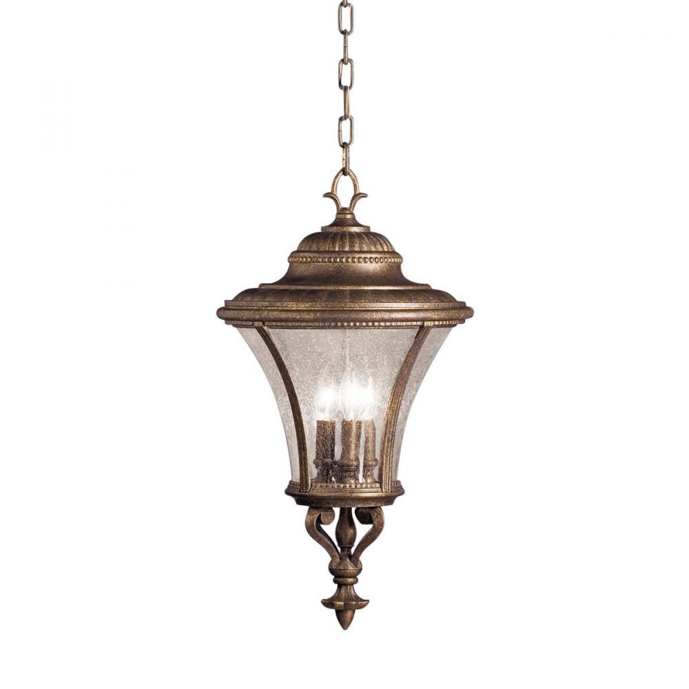 Kichler 9897TZG three-light chain-hung lantern in Tannery Bronze with Gold Accent