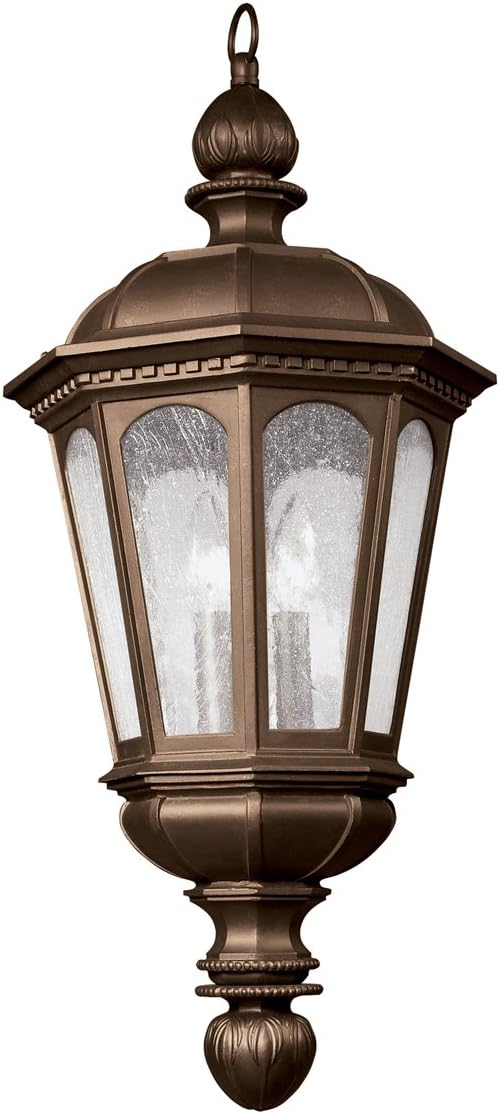 Kichler Beacon Hill 9894LZ three-light outdoor pendant in Legacy Bronze with seeded glass