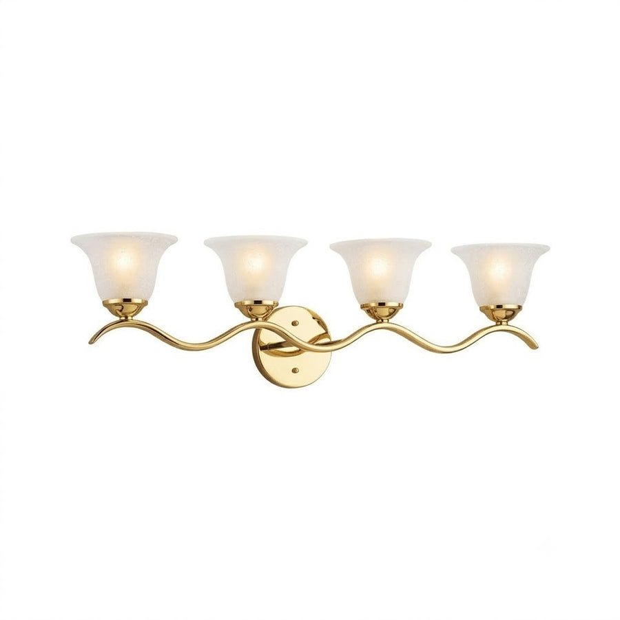 Kichler Dover polished brass vanity light with four flared glass shades and wave-shaped arms