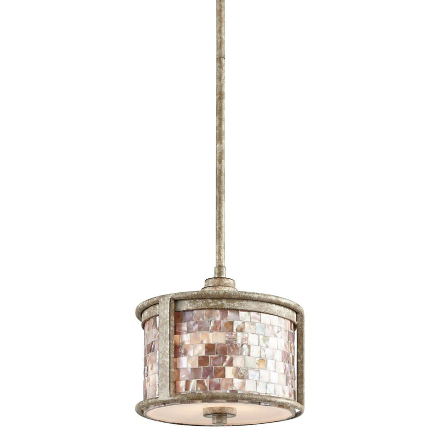 Kichler Hayman Bay 43260DAW mini pendant in Distressed Antique White with penshell mosaic glass