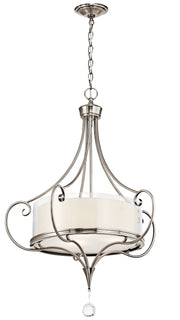 Kichler Lara Classic Pewter drum pendant with scrolling supports and a clear drop