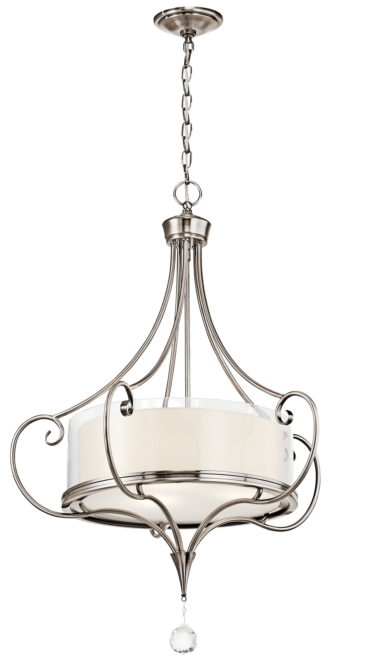 Kichler Lara Classic Pewter drum pendant with scrolling supports and a clear drop