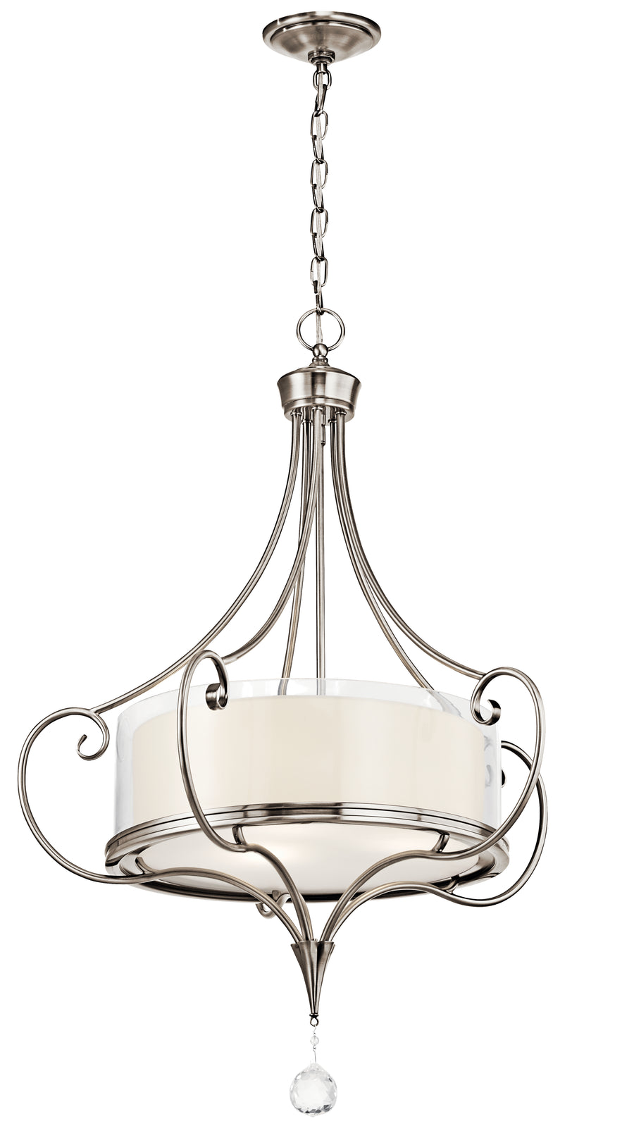 Kichler Lara Classic Pewter drum pendant with scrolling supports and a clear drop