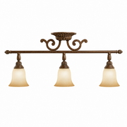 Kichler Larissa 7713TZG bronze-toned rail light with three amber bell shades, scroll supports and pointed rail ends.
