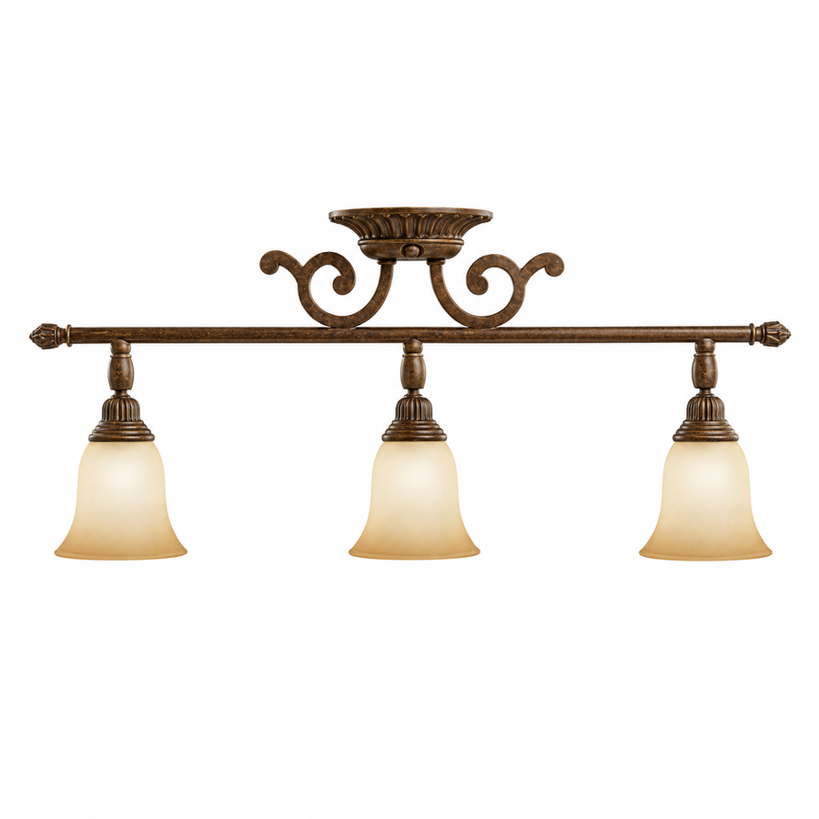 Kichler Larissa 7713TZG bronze-toned rail light with three amber bell shades, scroll supports and pointed rail ends.