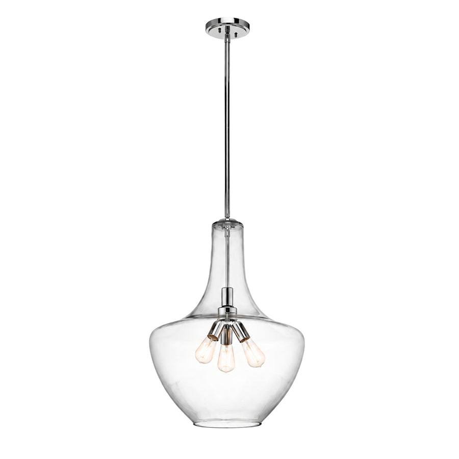 Kichler Everly chrome pendant with a clear bottle-shaped enclosure and three exposed lights