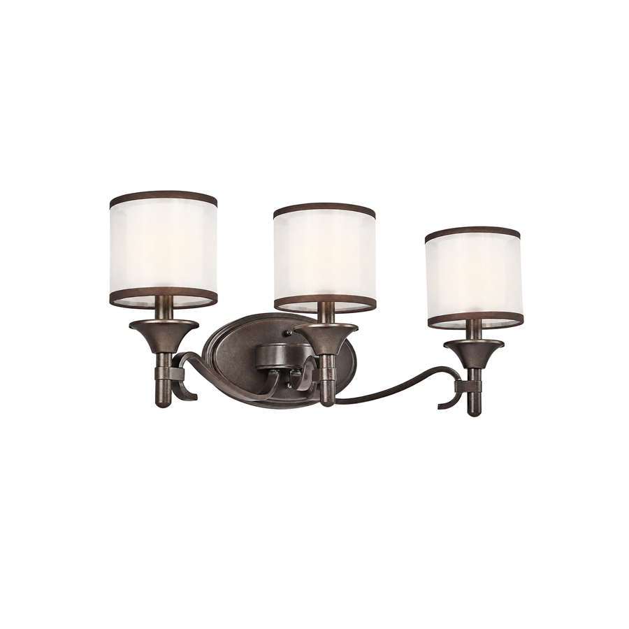 Kichler Lacey 45283MIZ vanity light with three pale drum shades and curved Mission Bronze arms