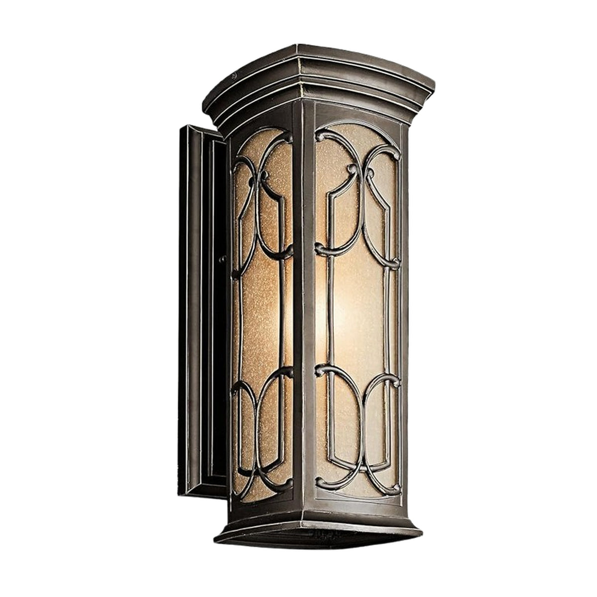 Kichler Franceasi wall lantern showing curved tracery and a layered roofline