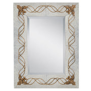 Kichler Ferne 78194 beveled wall mirror with a mottled wide frame, gold interlaced scrolls and ornate leaf corners.