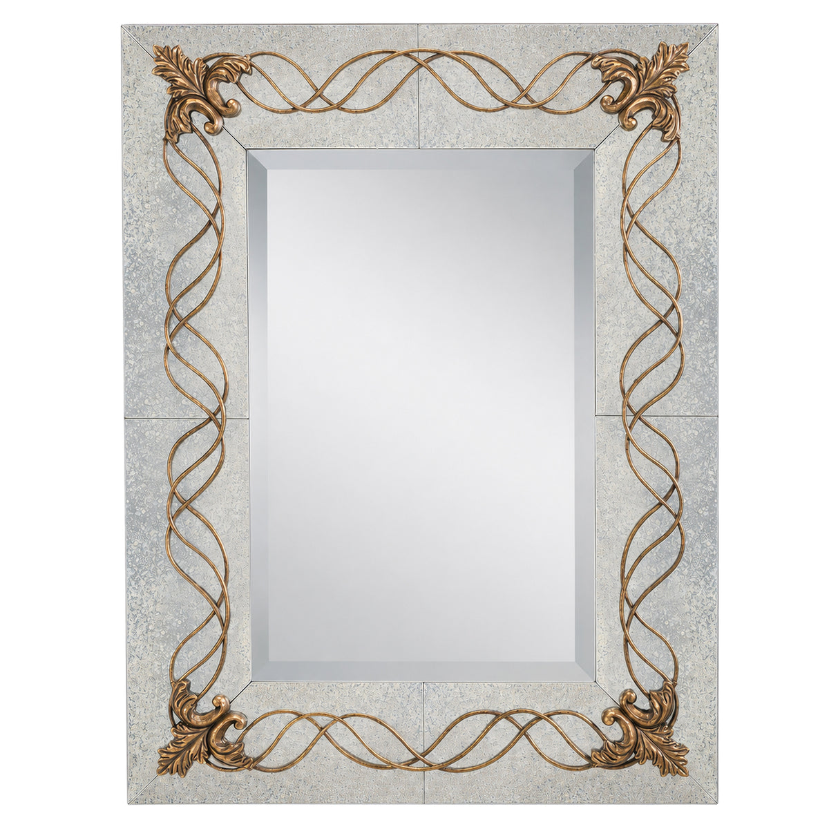 Kichler Ferne 78194 beveled wall mirror with a mottled wide frame, gold interlaced scrolls and ornate leaf corners.