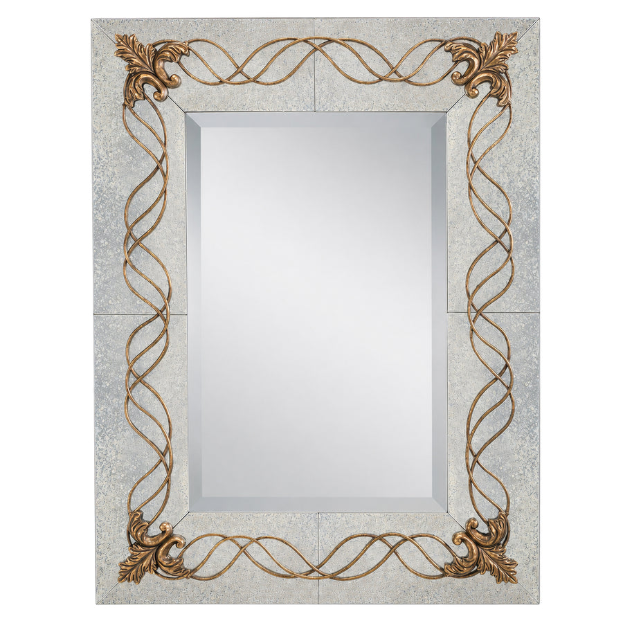 Kichler Ferne 78194 beveled wall mirror with a mottled wide frame, gold interlaced scrolls and ornate leaf corners.